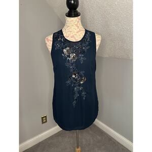 EUC White House Black Market Blouse Top Embroidered Sequin Sleeveless Navy Sz 8